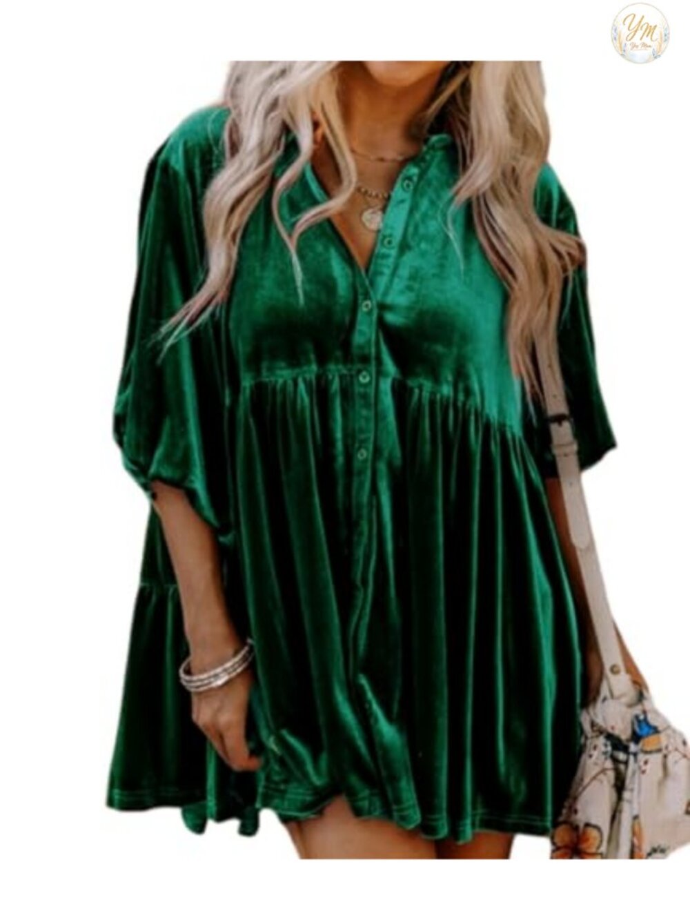 Velvet Babydoll Tunic Dress Button Down 3/4 Sleeve Flared Hem